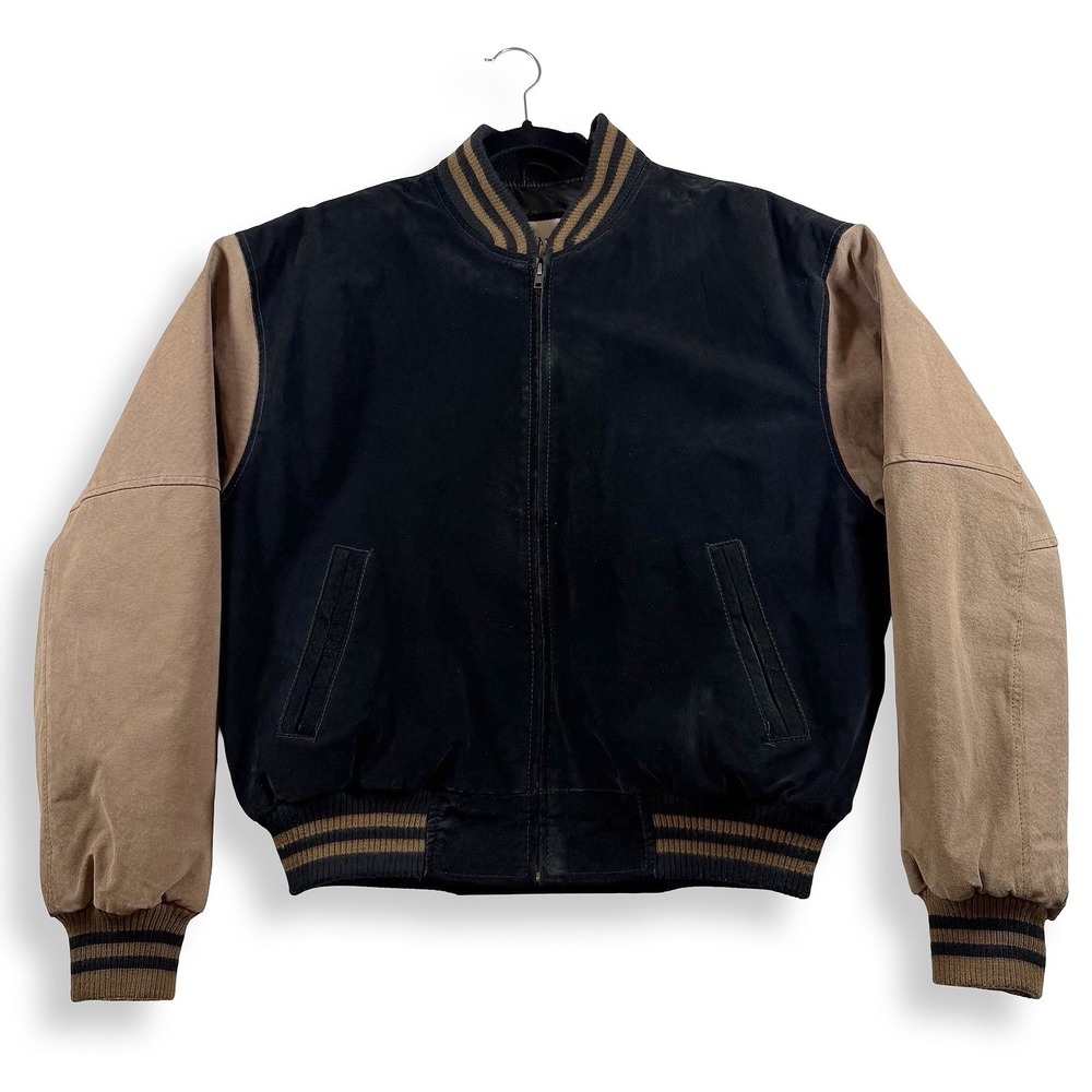 Avalanche Mens Two Tone Suede Leather Varsity Bomber Jacket Black Tan Size M
